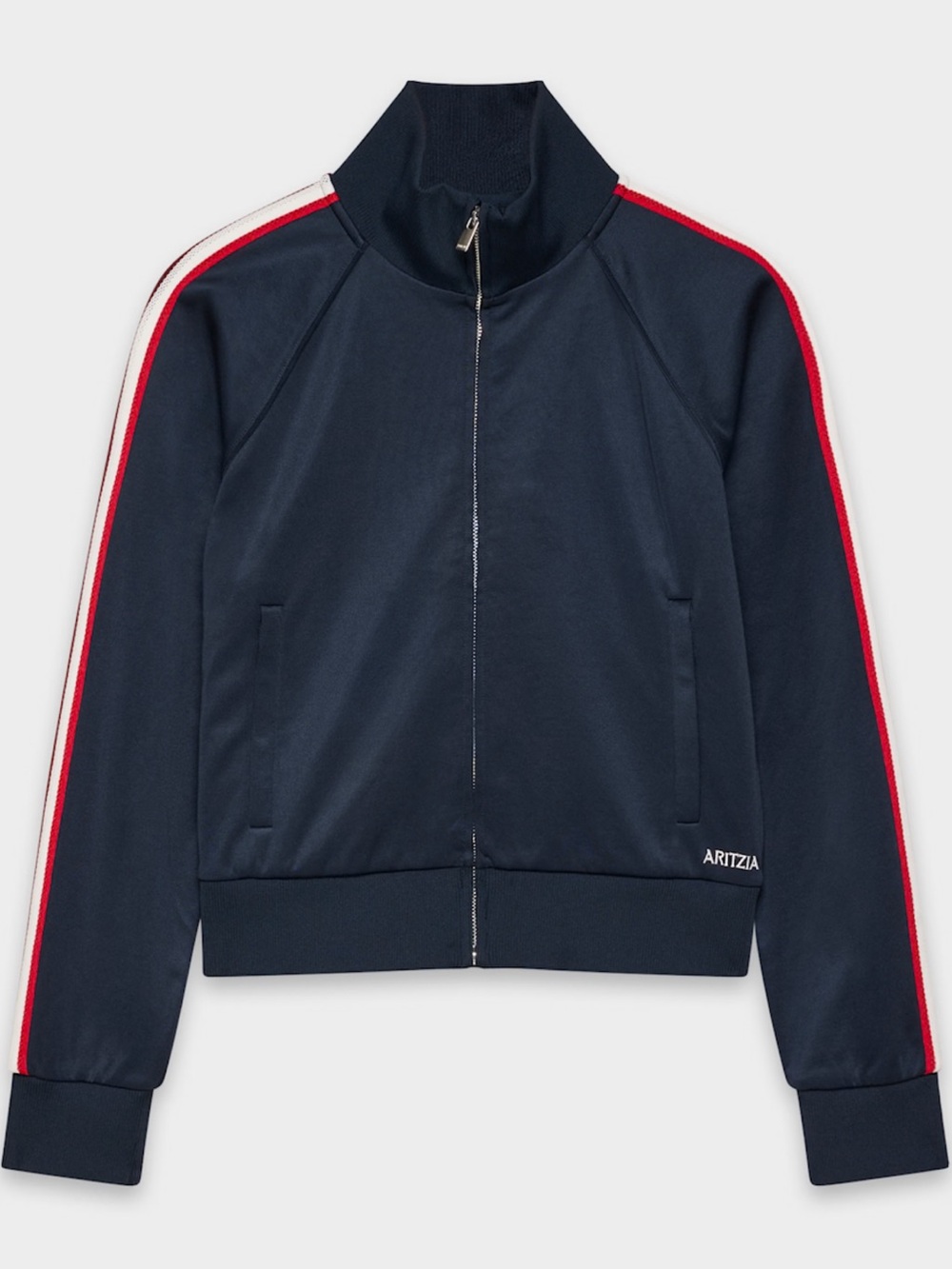 Aritzia Navy Bomber Jacket with Red and White Shoulder Stripes